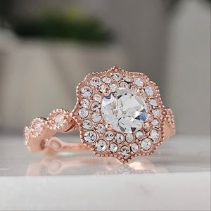 Vintage Style Rose Gold Swarovski Ring, 925 Sterling Silver, 18k rose gold